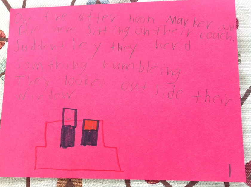One fine afternoon Marker and Glue were sitting on their couch. Suddenly they heard something rumbling. They looked outside their window.