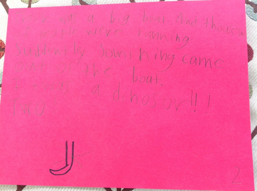 There was a big boat and thousands of people were running. Suddenly something came out of the boat. It was a dinosaur! Two!
