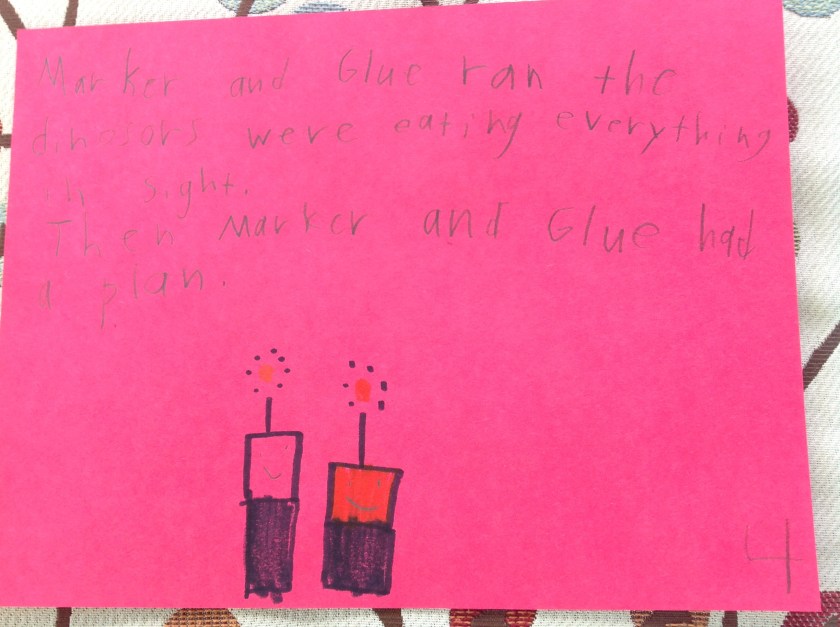 Marker and Glue ran. The dinosaurs were eating everything in sight. Then Marker and Glue had a plan.