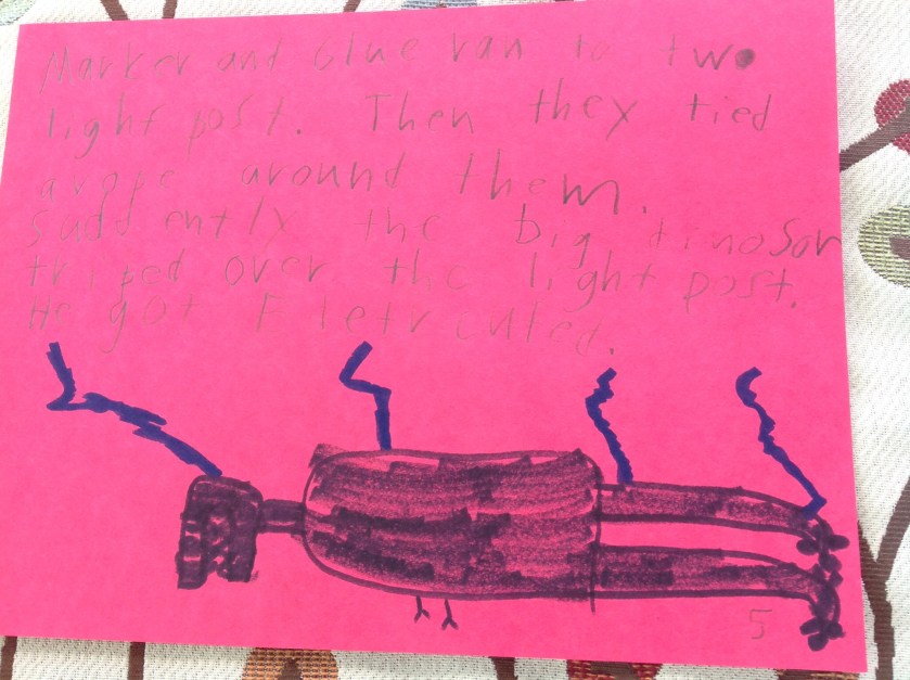 Marker and Glue ran to two light posts. Then they tied a rope around them. Suddenly the big dinosaur tripped over the light post. He got electrocuted.