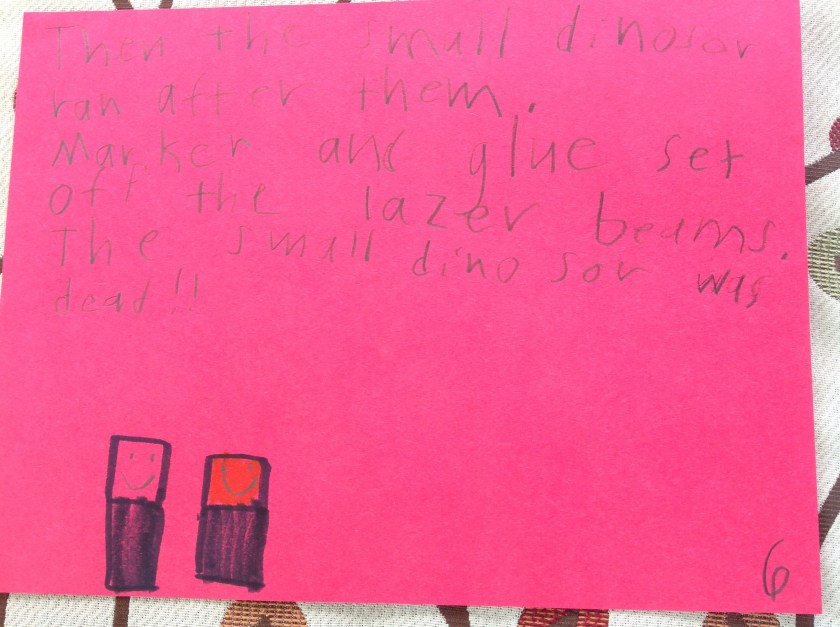 Then the small dinosaur ran after them. Marker and Glue set off the laser beams. The small dinosaur was dead!!